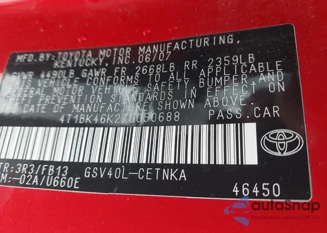 2007 Toyota Camry Le V6 z USA, uszkodzony, nr VIN 4T1BK46K27U050688